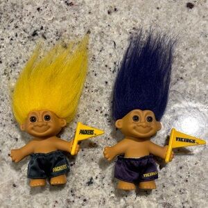 Vintage Packers and Vikings Troll Dolls with Flags